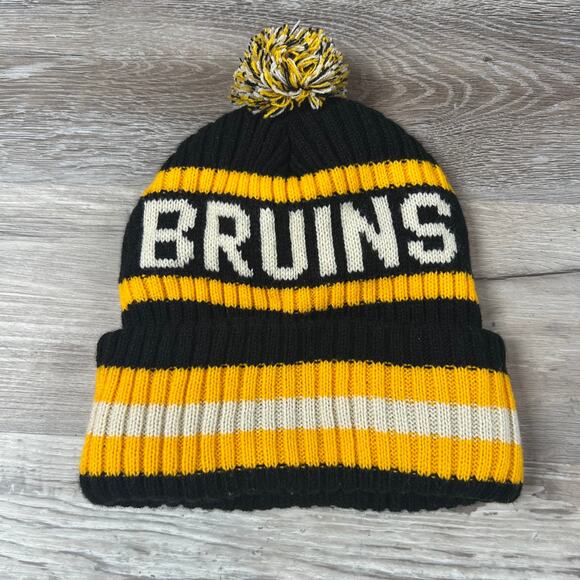 Boston Bruins ’47 Brand Knit Pom Beanie Black Yellow White OSFA Acrylic NHL Hat - Picture 5 of 6